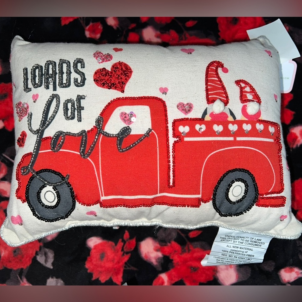 Valentine’s Day Gnomes truck Beaded Decorative Throw Heart pillow new